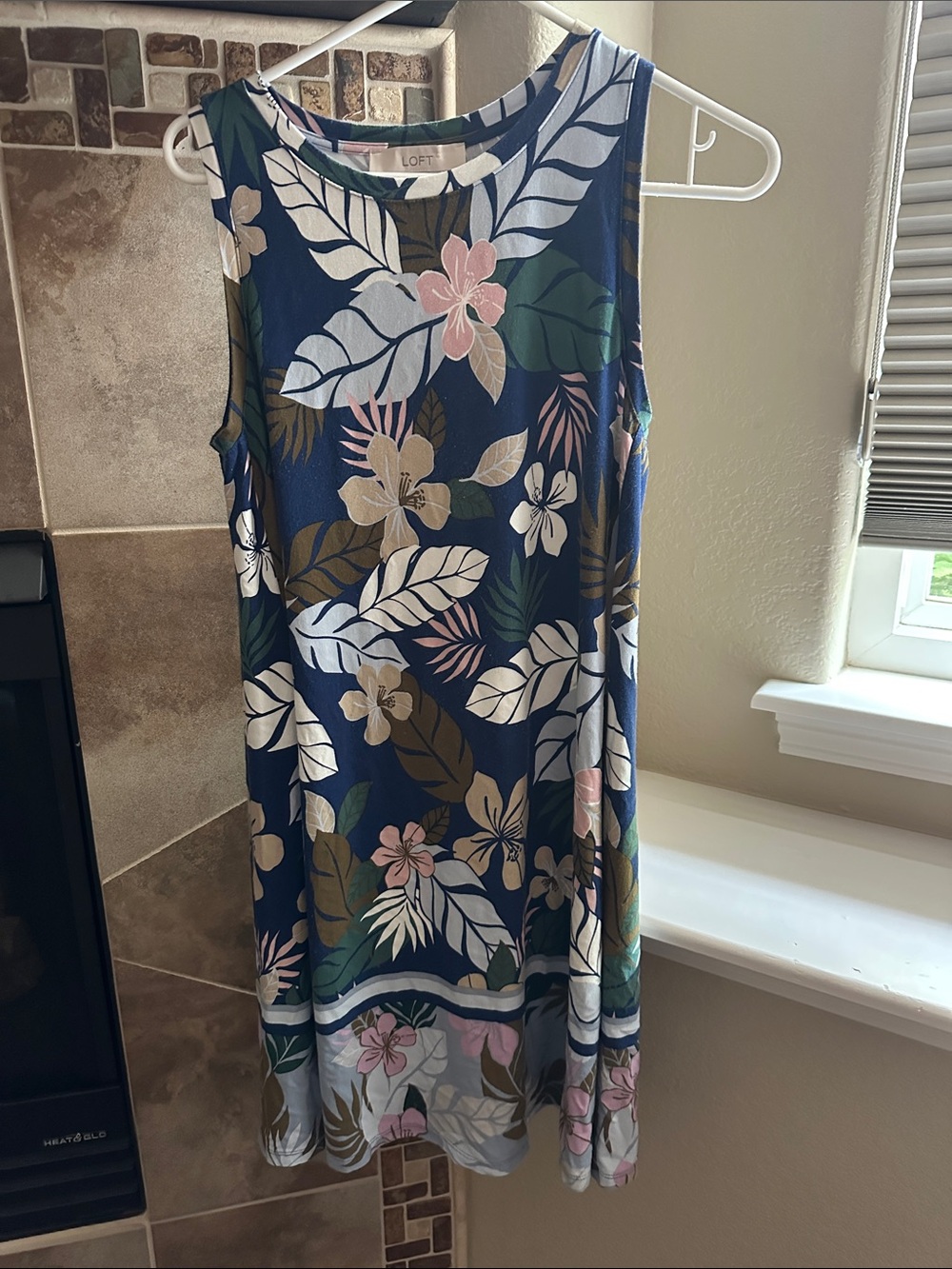 LOFT Navy Floral Sleeveless Midi Dress with Pink and Green Accents